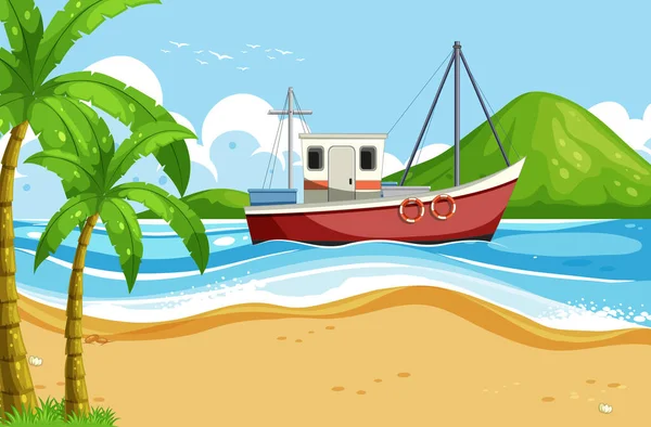 Лодка Корабль Транспорт Море Пляж Океан Вид Открытый Фон Иллюстрация — стоковый вектор