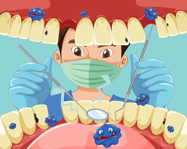 Dentist Holding Instruments Examining Patient Teeth Human Mouth Illustration — Stock Vector