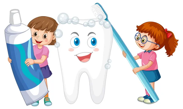 Crianças Felizes Escovando Dente Grande Segurando Pasta Dentes Fundo Branco — Vetor de Stock