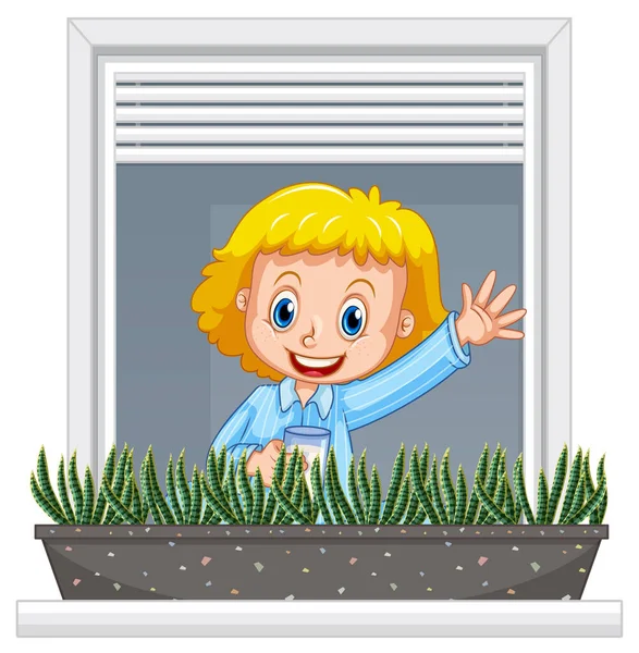 View Window Girl Cartoon Character Illustration — Stock Vector