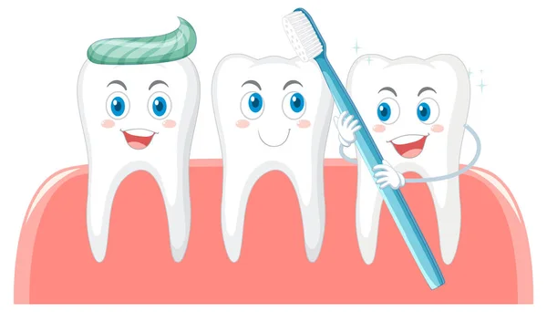 Dientes Felices Cepillándose Con Una Pasta Dientes Sobre Fondo Blanco — Archivo Imágenes Vectoriales