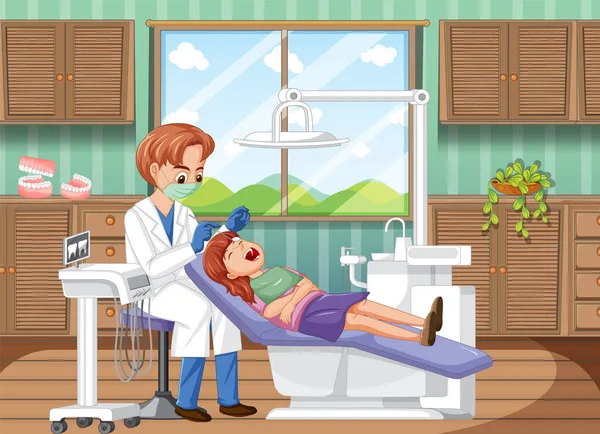 Homem Dentista Examinando Dentes Paciente Ilustração Clínica — Vetor de Stock