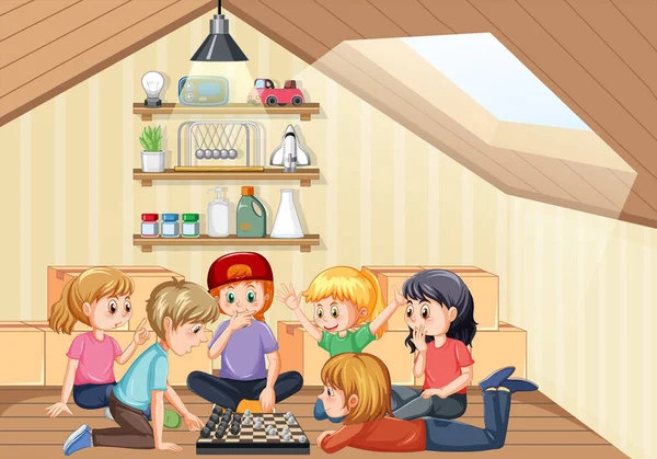 Anak Anak Bermain Game Dalam Ilustrasi Ruangan - Stok Vektor
