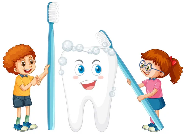 Happy Kids Brushing Big Tooth Toothbrush White Background Illustration — Stock Vector