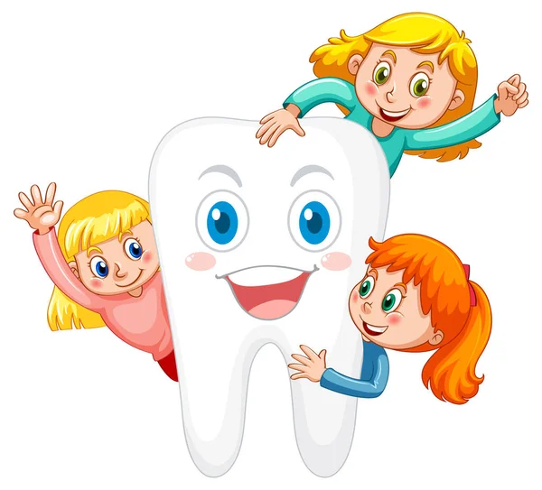 Bambini Che Abbracciano Dente Grande Sfondo Bianco Illustrazione — Vettoriale Stock