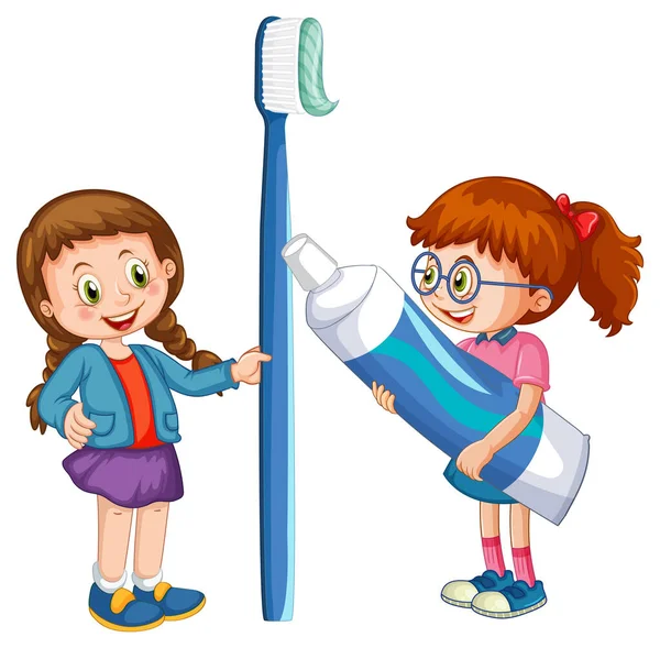 Enfants Tenant Dentifrice Brosse Dents Sur Fond Blanc Illustration — Image vectorielle