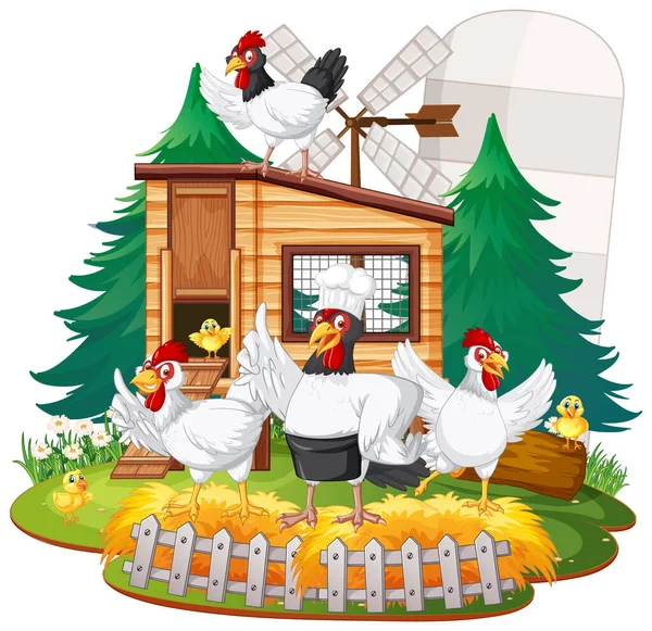 Isolated Scene Group Chickens Cartoon Style Illustration — Stock Vector