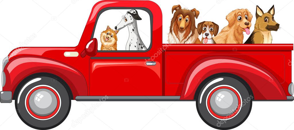Many dogs riding on red truck illustration