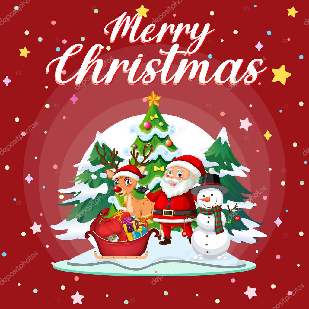 Merry Christmas poster design with Santa Claus and friends illustration