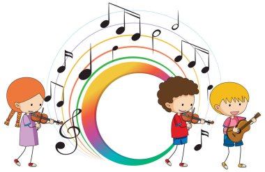 Müzik enstrümanları ve banner müzik notaları çalan çocuklar renkli çizimler yapıyorlar.
