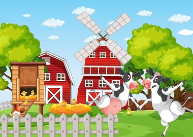 Çiftlik illüstrasyonunda çiftlik hayvanı sahnesi