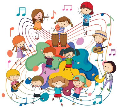 Mutlu çocuklar beyaz arkaplan illüstrasyonunda notalarla müzik enstrümanları çalıyorlar.