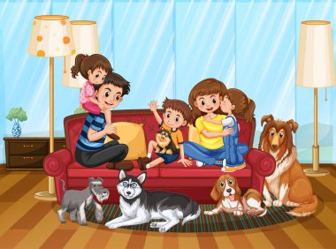 Evcil hayvanları oturma odasındaki resimde mutlu bir aile.