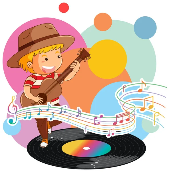 Little Boy Playing Guitar Music Notes White Background Illustration — Stock Vector