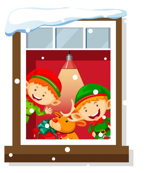 Pohled Oknem Kresleného Postavičky Vánoční Téma Ilustrace — Stockový vektor
