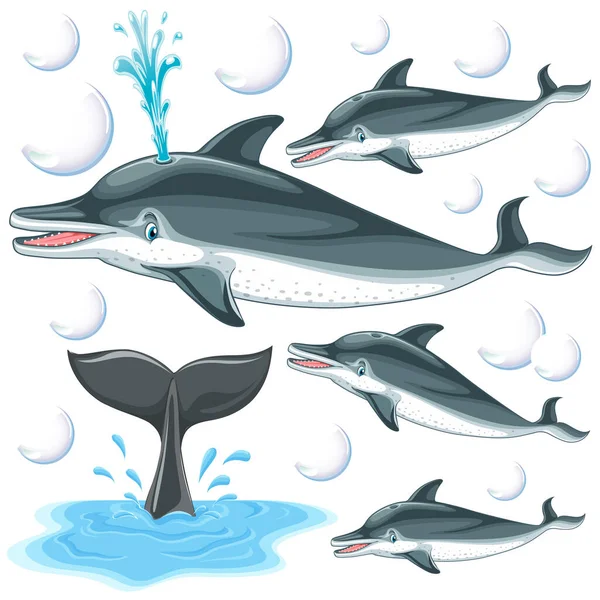 Delfín Bublinami Bílém Pozadí Ilustrace — Stockový vektor