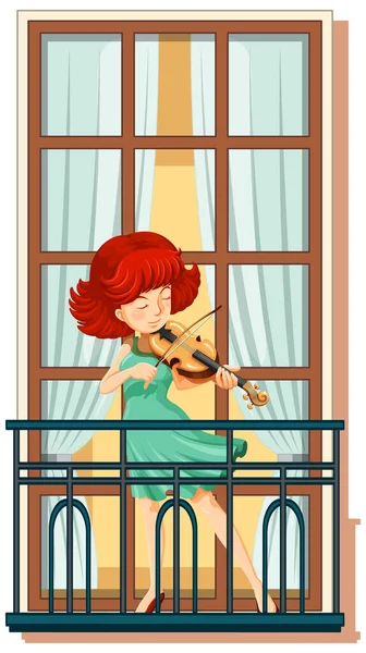 Uma Mulher Tocando Violino Ilustração Varanda —  Vetores de Stock