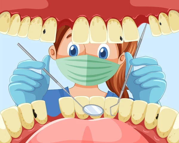 Dentista Segurando Instrumentos Examinando Dentes Paciente Dentro Boca Humana Ilustração —  Vetores de Stock