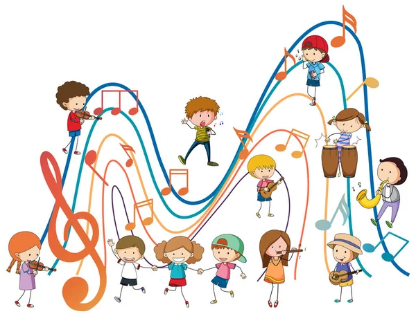 Bambini Felici Che Suonano Strumenti Musicali Con Note Musicali Sfondo — Vettoriale Stock
