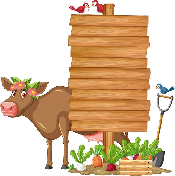 Mucca Con Insegna Legno Striscione Illustrazione — Vettoriale Stock