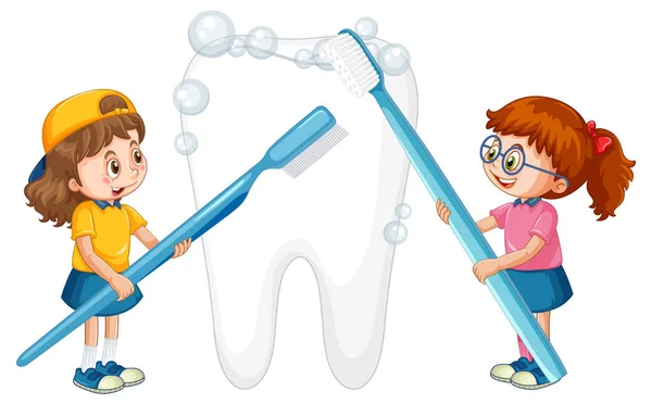 Щасливі Діти Чистять Великий Зуб Зубною Щіткою Білому Тлі Ілюстрації — стоковий вектор