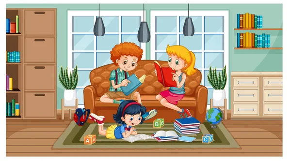 Kinder Lesen Buch Hause Illustration — Stockvektor