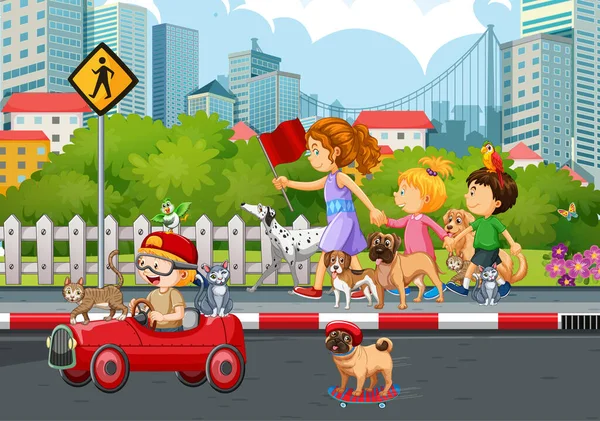 Cena Cidade Com Crianças Brincando Com Cães Ilustração — Vetor de Stock