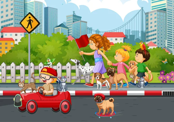 Escena Ciudad Con Niños Jugando Con Perros Ilustración — Archivo Imágenes Vectoriales