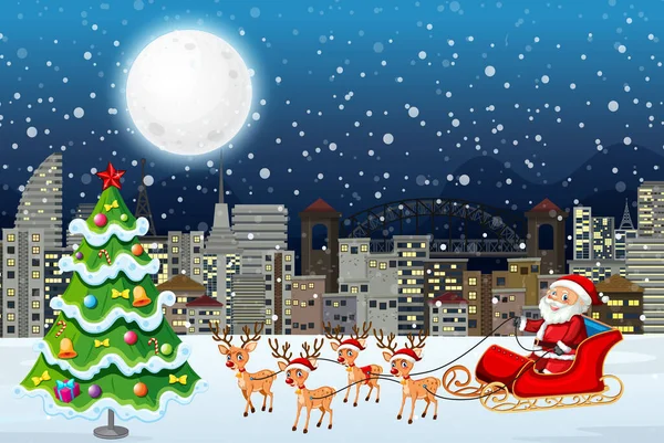 Snowy Kerstavond Met Kerstman Slee Illustratie — Stockvector
