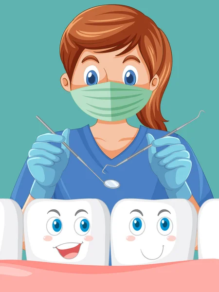 Dentist Holding Instruments Examining Teeth Green Background Illustration — Stock Vector