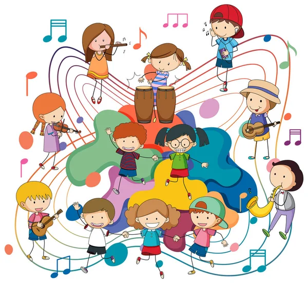 Mutlu çocuklar beyaz arkaplan illüstrasyonunda notalarla müzik enstrümanları çalıyorlar.