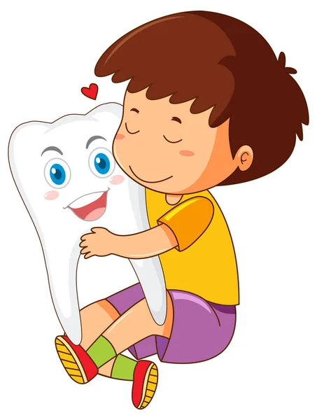 Happy Kid Hugging Big Tooth White Background Illustration — Stock Vector
