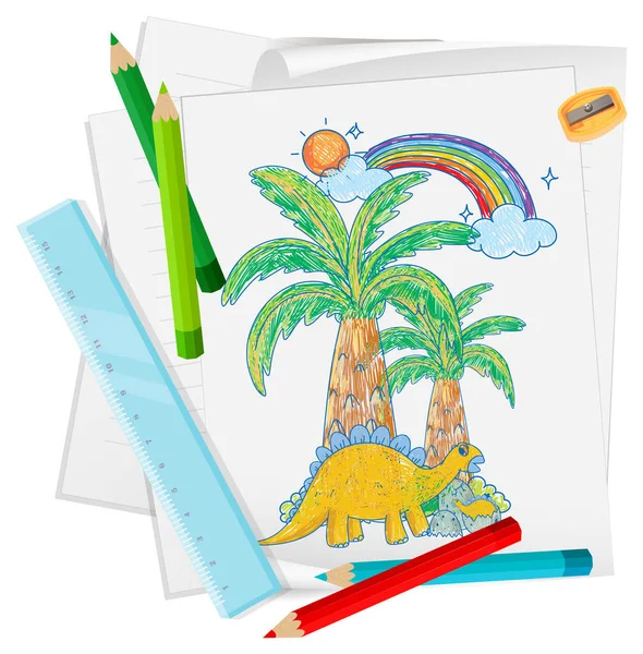 Papier Avec Dessin Croquis Doodle Avec Illustration Crayons Couleur Couleur — Image vectorielle