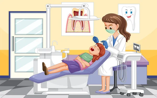 临床图解中检查病人牙齿的牙医妇女 — 图库矢量图片