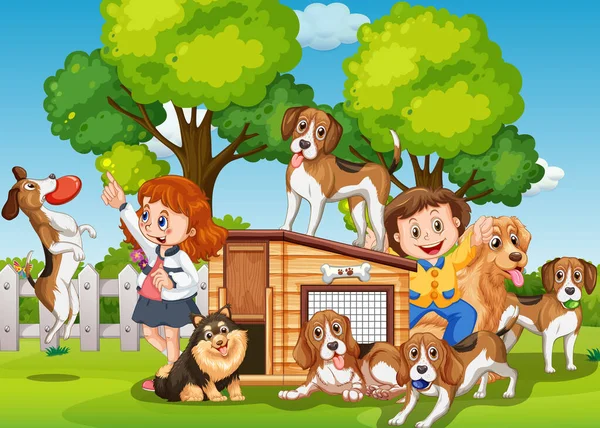 Εξωτερική Σκηνή Παιδιά Παίζουν Την Απεικόνιση Του Σκύλου Τους — Διανυσματικό Αρχείο