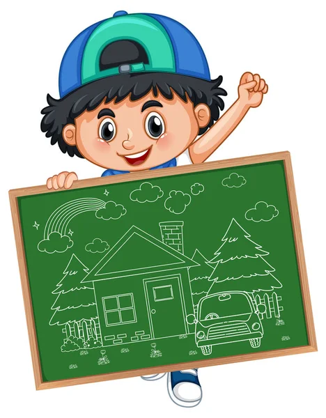Boy Holding Board Doodle Sketch Design White Background Illustration — Stock Vector