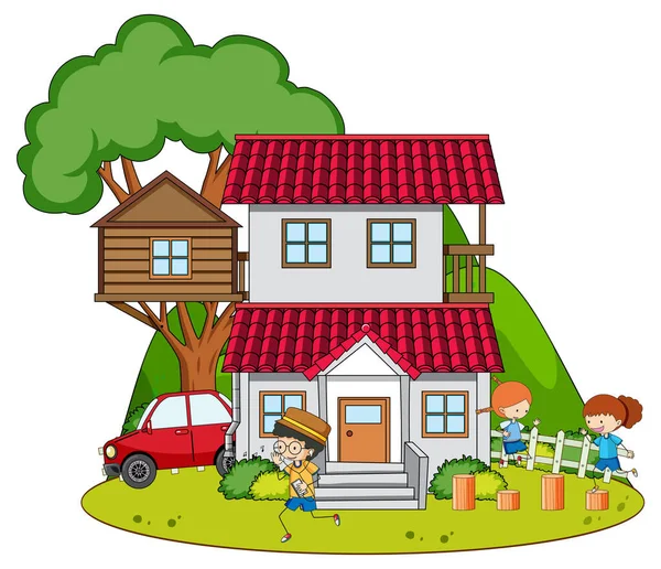 Ett Enkelt Hus Med Barn Naturen Bakgrund Illustration — Stock vektor