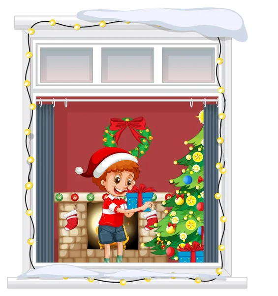 Blick Durch Das Fenster Der Cartoon Figur Weihnachten Thema Illustration — Stockvektor