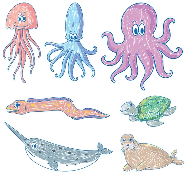 Papel Com Desenho Rabiscos Das Diferentes Criaturas Marinhas Com Ilustração — Vetor de Stock