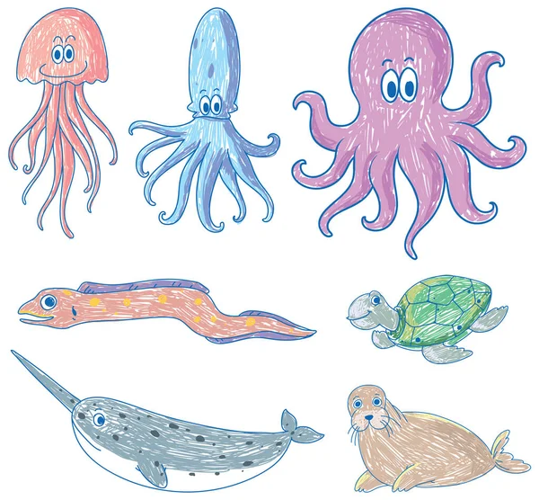 Una Carta Con Disegno Scarabocchio Delle Diverse Creature Marine Con — Vettoriale Stock