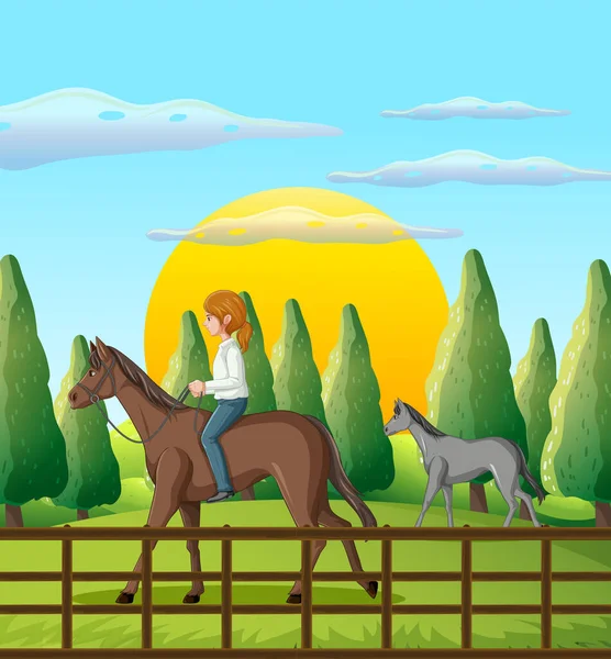 Uma Menina Montando Cavalo Ilustração Cena Fazenda Vetores De Stock Royalty-Free