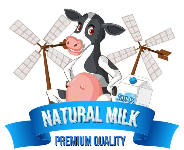 Cow Natural Milk Label Illustration — Stock Vector