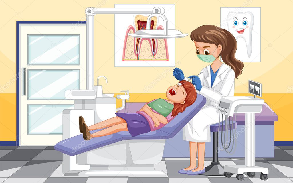Dentist woman examining patient teeth in clinic illustration