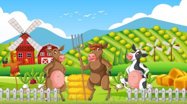 Çiftlik illüstrasyonunda çiftlik hayvanı sahnesi