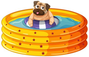 Beyaz arka planda şişme havuzda lastik halkalı mutlu bir köpek.