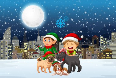 Noel elfleri ve sevimli köpek resimleriyle dolu karlı bir kış gecesi.