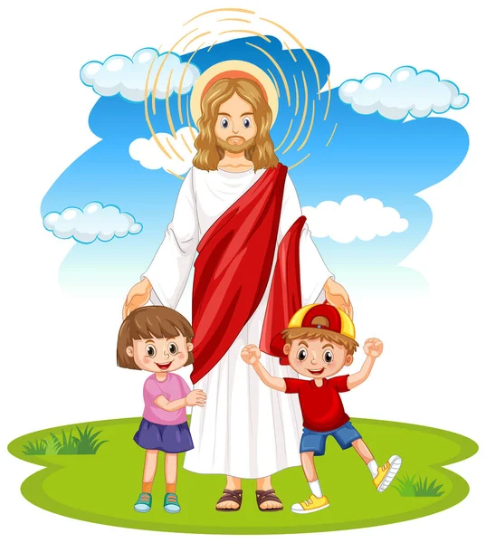 Jesus Och Barn Vit Bakgrund Illustration — Stock vektor