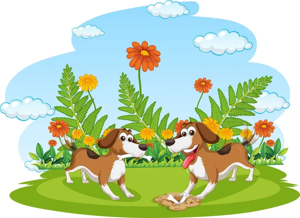 Two dogs running in the garden illustration