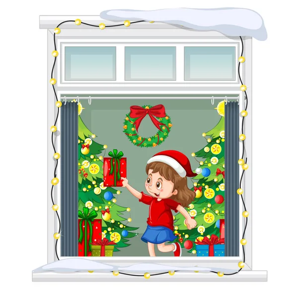 クリスマスのテーマのイラストの女の子の窓から見る — ストックベクタ