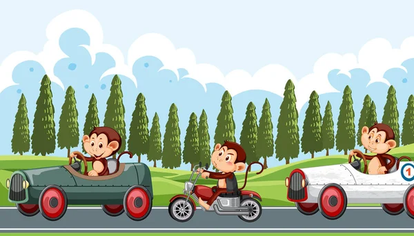 Escena Pista Carreras Con Los Conductores Carreras Monos Ilustración — Vector de stock